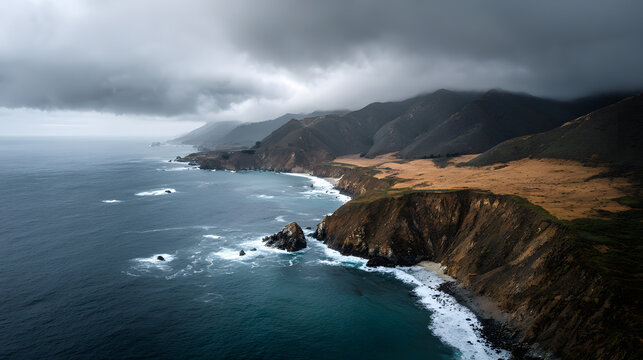 Dramatic coastal landscape with ocean waves crashing against rocky cliffs