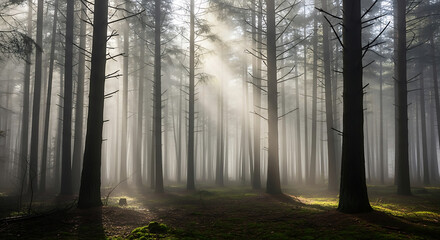 Sunlight Streaming Through Tall Trees in a Mysterious Foggy Forest