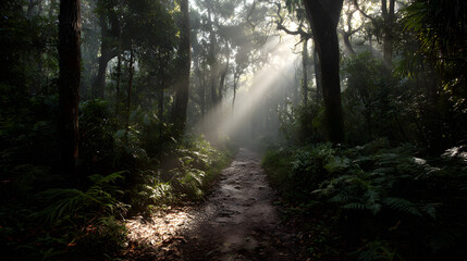 Obraz premium Sunlight streams through a forest path creating a magical, ethereal scene