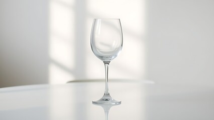 Fototapeta premium Elegant white wine glass placed on a minimalist table with soft lighting reflections.