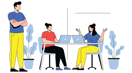 Vector art of a team of colleagues is collaborating on a project in the office, discussing ideas and working together to achieve their goals in a dynamic and productive work environment