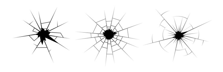 Cracked surface illustration with shattered glass, bullet hole, and wall texture. Realistic broken effect with fracture lines and crash pattern. Vector design for impact or damage theme.