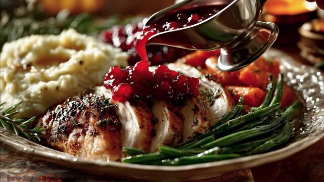 Pouring Cranberry Sauce on Sliced Roast Turkey Dinner Plate