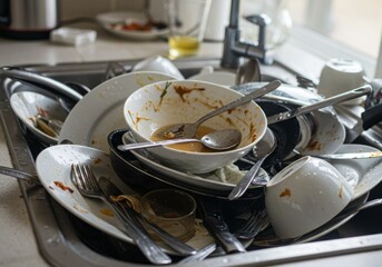 Dirty dishes piled in the sink in the kitchen, unwashed utensils, plates, and cookware after meal preparation. Kitchen, Household, Domestic Concept