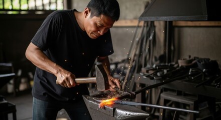 Blacksmith shapes hot metal on anvil with hammer; sparks fly