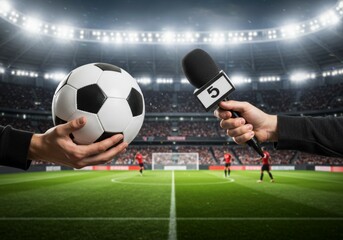 Sports journalist holding a soccer ball and microphone, cropped shot of hands, reporting on sports events. Sports Journalism, Soccer, Media, Reporting Concept