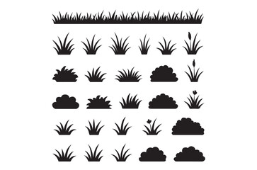 Assorted Black Silhouette Illustrations of Grass Patches and Bushy Plants for Garden Design or Landscape Elements and Nature Decoration