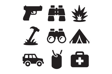 Tactical Readiness Black and White Icon Set Depicting Essential Gear and Survival Equipment for Outdoor Adventures and Military Simulations