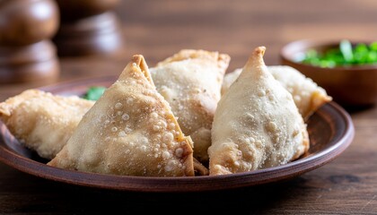 Golden Crispy Indian Samosas on a Rustic Plate, Ready to Serve with Chutney