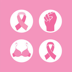 Breast Cancer Awareness symbol round icon set vector. Pink cancer awareness ribbon, bra, clenched fist symbol vector. Breast cancer design element. Template for background, banner, card