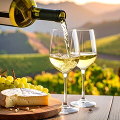 White wine being poured into two glasses outdoors