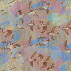 Seamless pattern landscapes painted with wax crayons. Nature, botanical print with oil pastel.