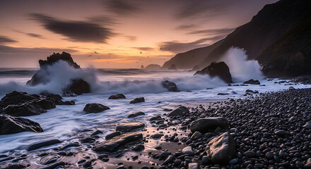 Obraz premium Powerful Waves Crash on a Rugged Pebble Beach at Dramatic Sunset