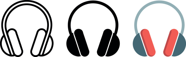 Headphones icon set in different styles simple musical listening device design elements