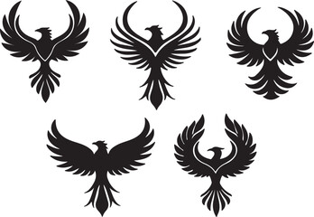 Phoenix bird logo silhouette vector. Phoenix bird black icon set flat vector silhouette design