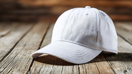 Cappellino da baseball bianco, posizionato su un pavimento in legno, adatto a molti tipi di abbigliamento casual.