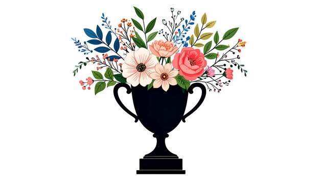 A black trophy brimming with diverse colorful flowers and foliage against a plain white backdrop, celebrating natural beauty