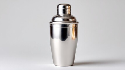 A silver cocktail shaker sits on a white background