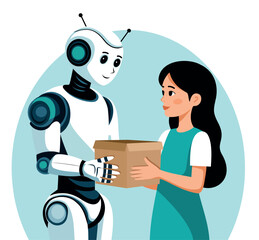 Vector illustration of a robot assistant or delivery robot handing a box to a woman. They hold box, symbolizing help, convenience. For marketing, delivery services, robotics, smart homes, technology
