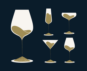 Set of drinking glasses wine champagne martini with sand shapes liquid drawing with beige on blue background