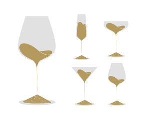 Set of drinking glasses wine champagne martini with sand shapes liquid drawing with beige on light background