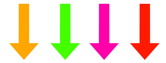Four colorful downward pointing arrows in orange, green, pink, and red, isolated on transparent background, representing direction, decline, or a call to action with a clear and bold visual statement