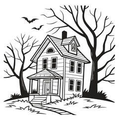 Coloring page for Halloween Vector illustration of Haunted House with bare trees