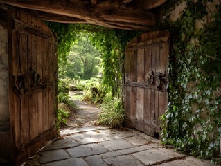 Obraz premium A rustic wooden door opens to a lush ivy covered garden path bathed in natural daylight