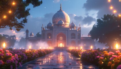 Ornate Indian Temple/Monument at Night, Decorated with Lights and Flowers for a Festival