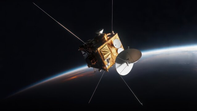 Golden Satellite Orbits Earth, Reflecting Sunlight Amidst Atmospheric Glow and City Lights