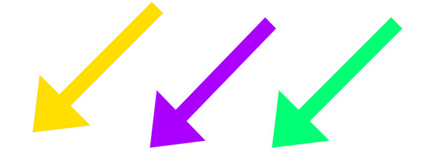 Three colorful arrows pointing downwards and to the left, yellow, purple, and green, isolated on transparent background