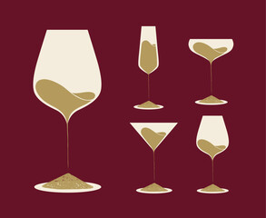 Set of drinking glasses wine champagne martini with sand shapes liquid drawing with beige on red background