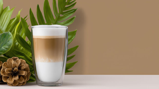 latte coffee in double wall glass with green tropical leaves natural lifestyle concept