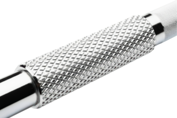 Textured knurled chrome dumbbell handle on a transparent background