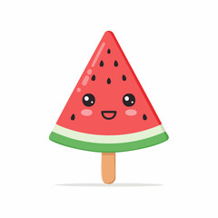 Cute Kawaii watermelon popsicle illustration with a happy smiling face. Sweet fruit ice lolly on a stick, perfect for summer treats and healthy snack concepts