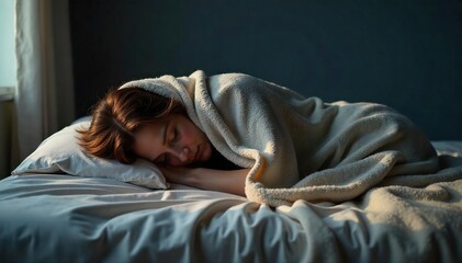 Serene Sleep Mystery and Tranquility in a Softly Lit Bedroom. A Cozy Blanket Conceals a Sleeping Figure, Evoking Peaceful Rest and Relaxation.