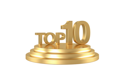 Golden top ten award concept on a podium with a transparent isolated backdrop
