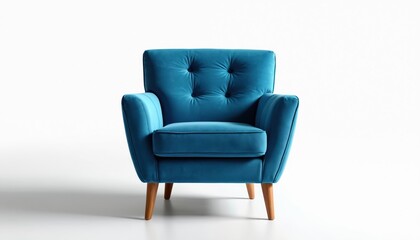 Bright blue armchair with button tufting, wooden legs stands alone. Plush velvet seat offers comfort. Retro style furniture isolated on clean white background. Perfect for interior design, home decor.