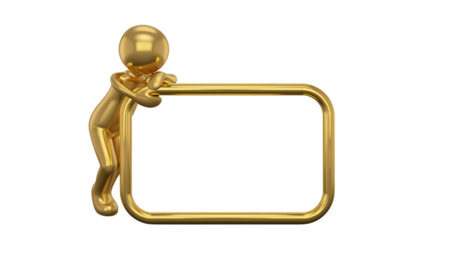 Golden figure leaning on a frame on a transparent isolated backdrop, ready for your promotional