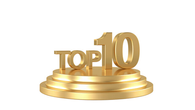 Golden top ten award concept on a podium with a transparent isolated backdrop