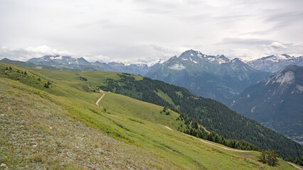 Fototapeta premium hiking trail through a green mountain landscape under a cloudy sky in La Vanoise nature reserve, Savoie, France 