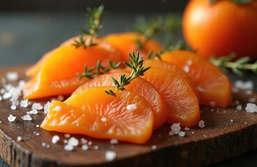 Orange persimmon slices arranged on dark wood board with sea salt and thyme sprigs. Simple appetizer features fresh fruit ready for healthy eating.