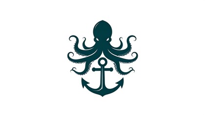 A symmetrical emblem showcasing a stylized navy octopus atop an anchor, all in a deep teal color against a clean white backdrop