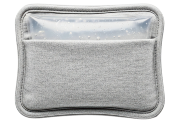 Reusable cold therapy gel pack in a soft grey pouch on a transparent background