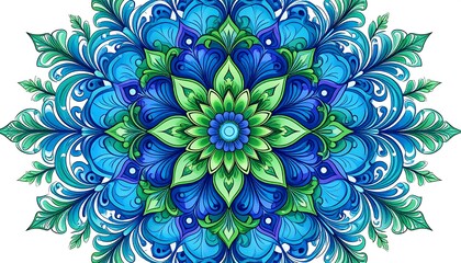A symmetrical floral design in shades of blue and green. It features intricate, swirling patterns radiating from a central core