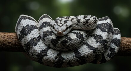 Obraz premium Coiled snake, black/white patterned, on tree branch
