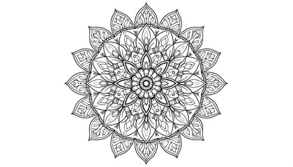 A symmetrical, grayscale floral mandala design. Intricate, detailed pattern of concentric circles and petal-like elements, great for coloring