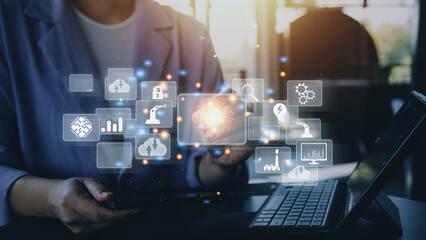 Digital Marketing and Business Technology Solutions. Person Interacting with Virtual Interface,...