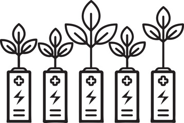 Tree growing line art icon set, with battery illustration