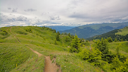 Fototapeta premium Hiking trail through a green mountain meadows in the French Alps.